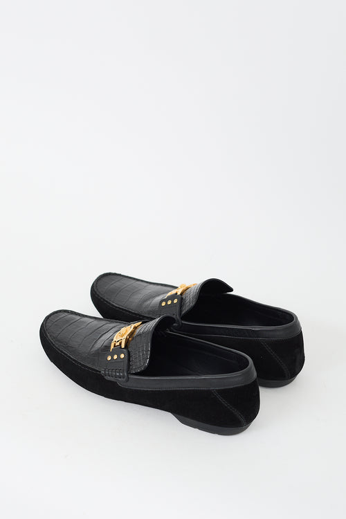 Versace Black Embossed Leather & Suede Medusa Loafer