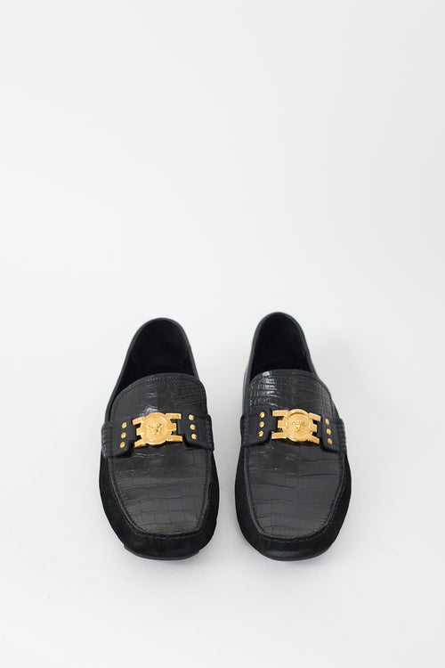 Versace Black Embossed Leather & Suede Medusa Loafer