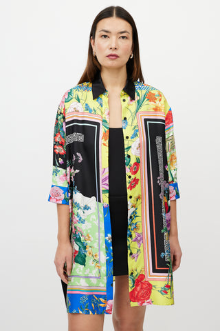 Versace Black & Multicolour Silk Satin Button Up Dress