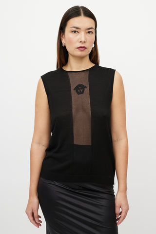 Versace Black Sleeveless Sheer Panel Logo Tank Top