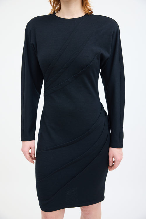 Versace Black Wool Diagonal Pleat Dress