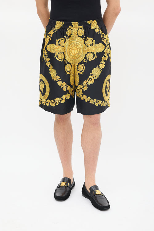 Versace Black & Yellow Silk Twill Medusa Shorts