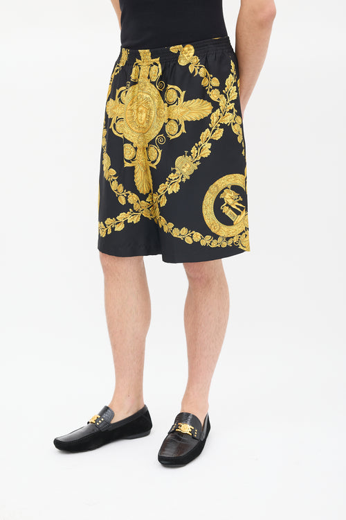 Versace Black & Yellow Silk Twill Medusa Shorts