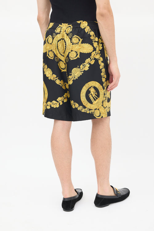 Versace Black & Yellow Silk Twill Medusa Shorts