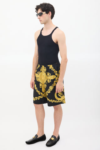 Versace Black & Yellow Silk Twill Medusa Shorts