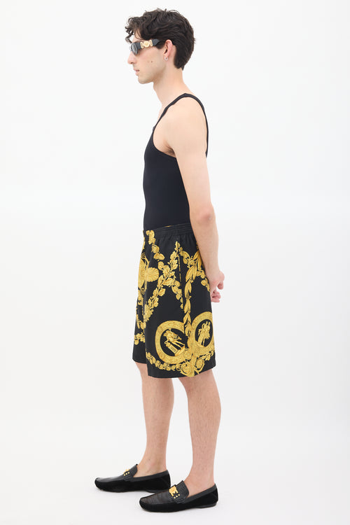 Versace Black & Yellow Silk Twill Medusa Shorts