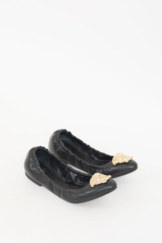 Versace Black Leather & Gold Medusa Ballet Flat