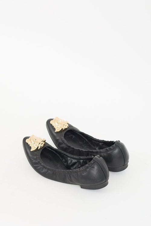 Versace Black Leather & Gold Medusa Ballet Flat