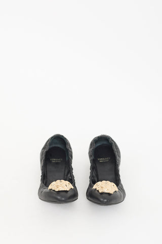 Versace Black Leather & Gold Medusa Ballet Flat