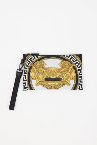 Versace Black & Gold Nylon Print Zip Pouch