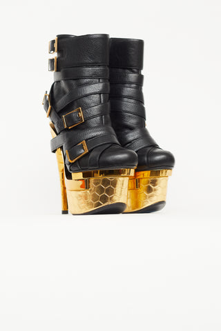 Versace Black & Gold Buckled Triple Platform Boot