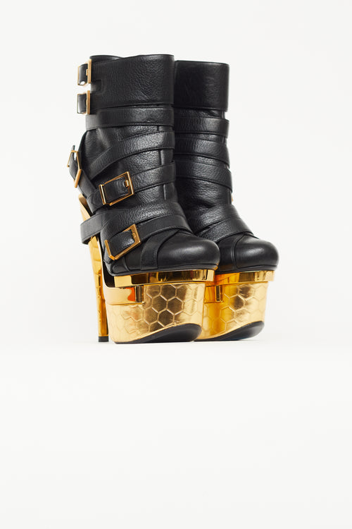 Versace Black & Gold Buckled Triple Platform Boot