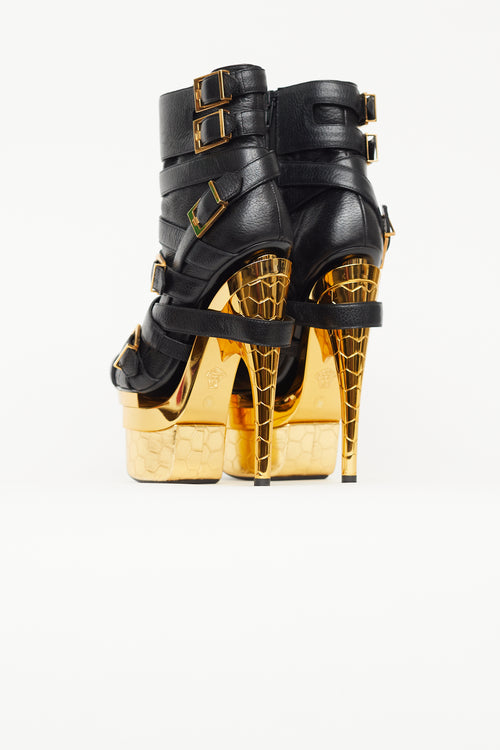 Versace Black & Gold Buckled Triple Platform Boot