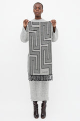 Versace Black & White Wool Intarsia Fringe Scarf