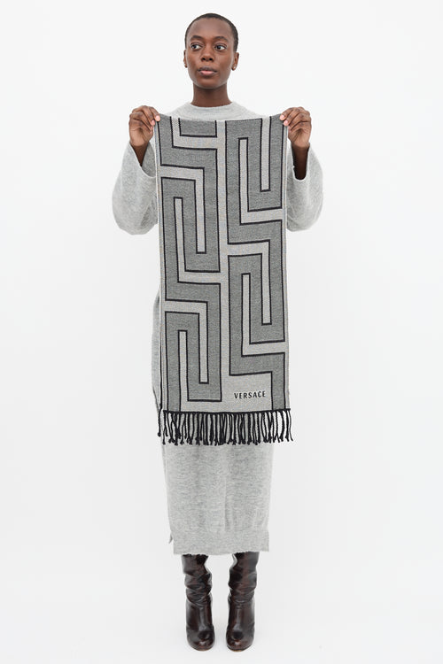 Versace Black & White Wool Intarsia Fringe Scarf