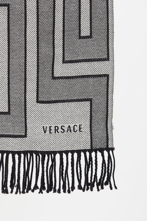 Versace Black & White Wool Intarsia Fringe Scarf
