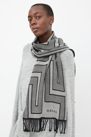 Versace Black & White Wool Intarsia Fringe Scarf