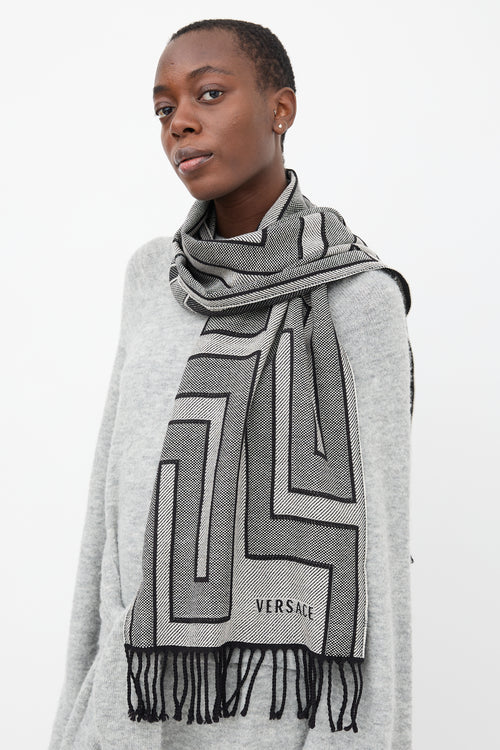 Versace Black & White Wool Intarsia Fringe Scarf