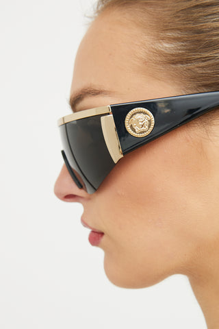 Versace Black & Gold 2197 1000/87 Shield Sunglasses