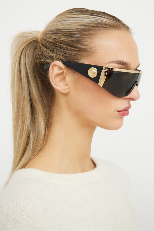 Versace Black & Gold 2197 1000/87 Shield Sunglasses