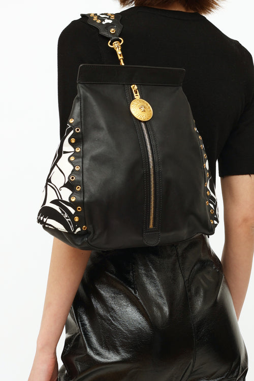 Versace Black White & Gold Leather Shoulder Backpack