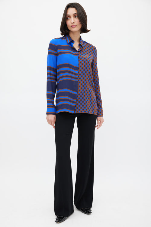 Versace Blue & Brown Silk Geometric Split Shirt
