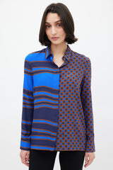 Versace Blue & Brown Silk Geometric Split Shirt