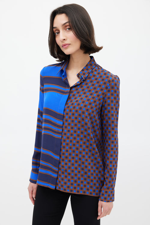 Versace Blue & Brown Silk Geometric Split Shirt