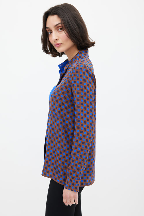 Versace Blue & Brown Silk Geometric Split Shirt