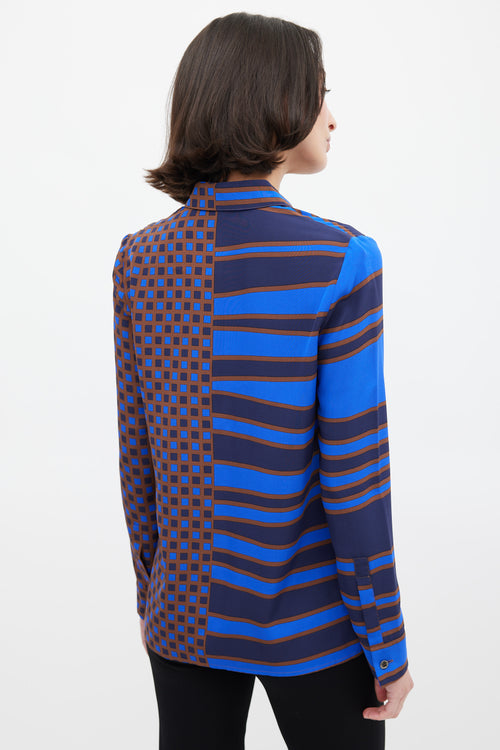 Versace Blue & Brown Silk Geometric Split Shirt