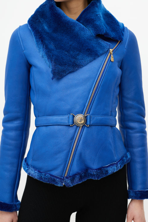 Versace Blue Leather Shearling Jacket