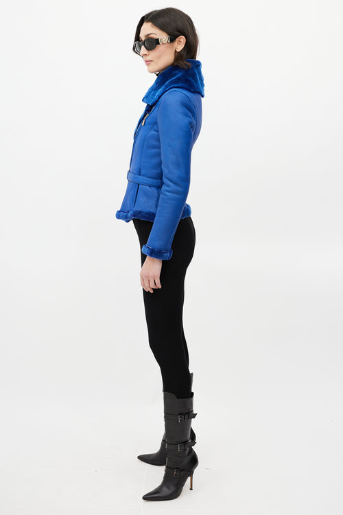 Versace Blue Leather Shearling Jacket