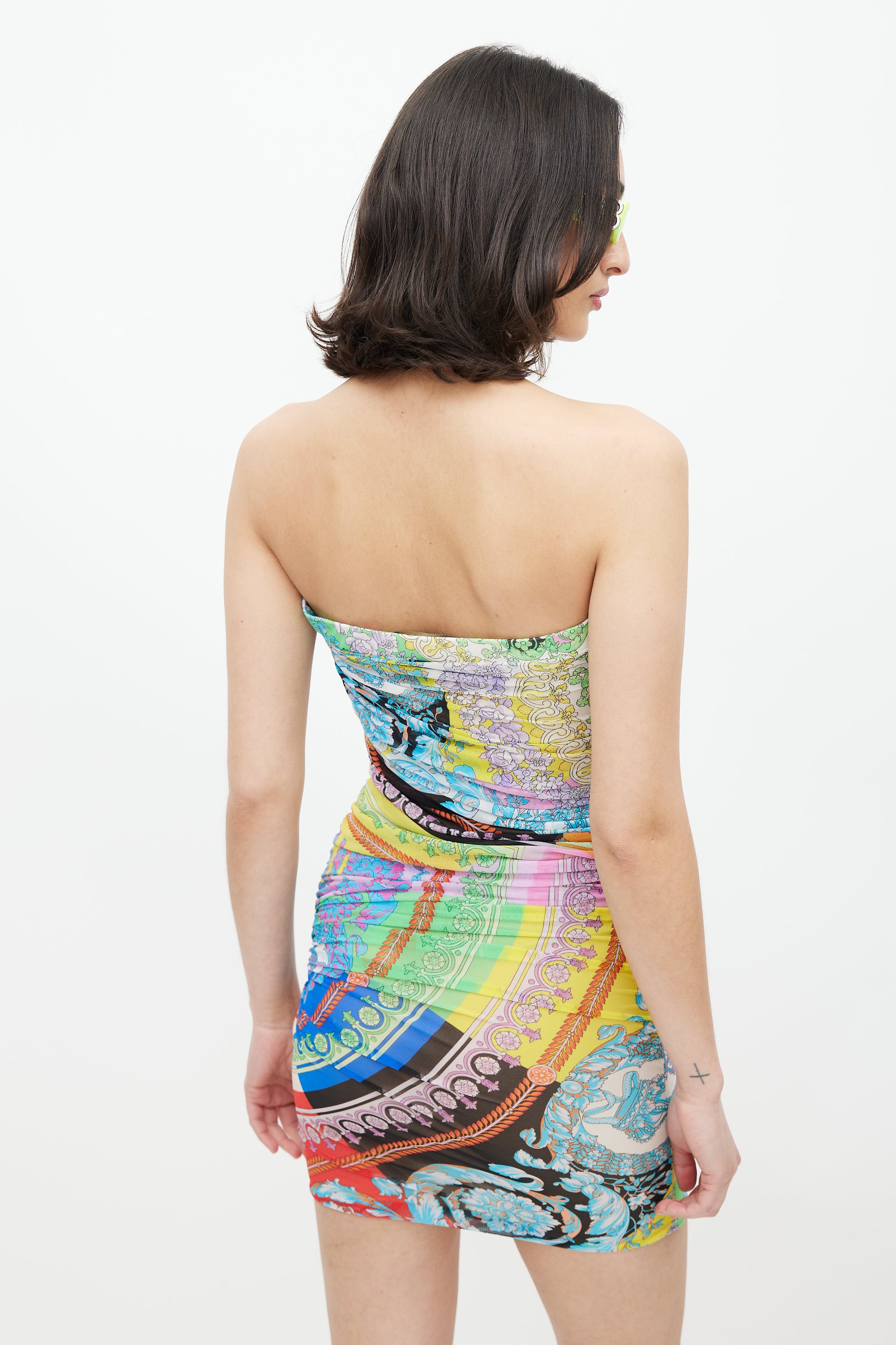 Versace // Blue & Multicolour Baroque Mesh Dress VSP Consignment Versace // Blue & Multicolour Baroque Mesh Dress VSP Consignment