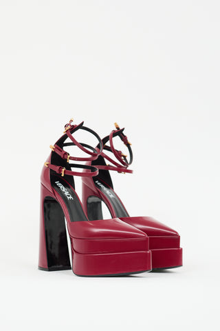 Versace Burgundy Leather Aevitas Strappy Platform Heel