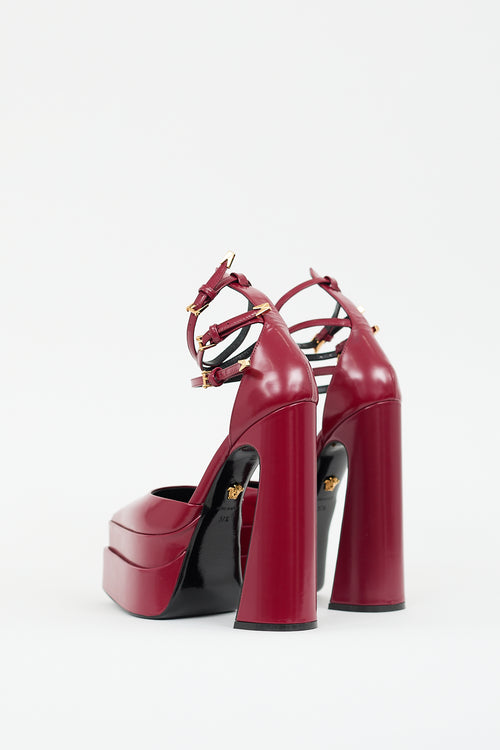 Versace Burgundy Leather Aevitas Strappy Platform Heel