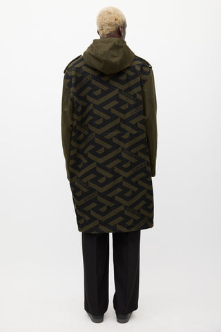 Versace Green & Black Hooded Monogram Coat