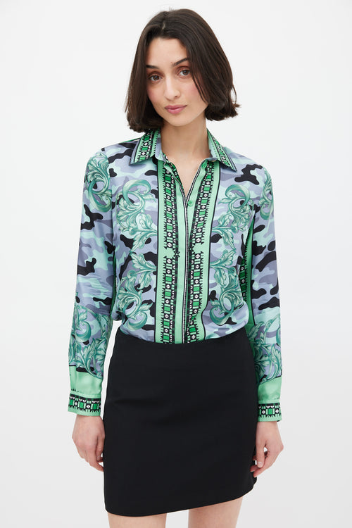 Versace Green & Multicolour Silk Camouflage Shirt