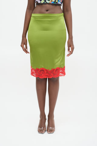 Versace Green & Red Lace Trim Midi Skirt