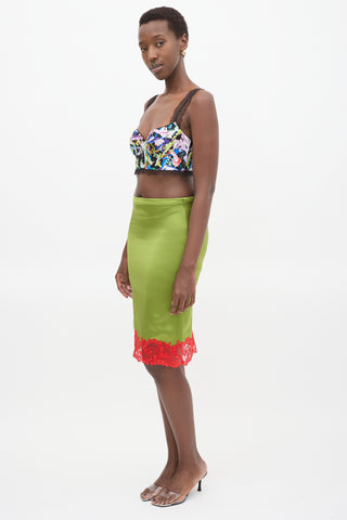 Versace Green & Red Lace Trim Midi Skirt