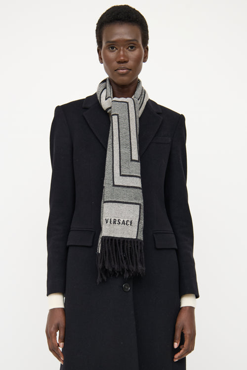 Versace Grey & Black Wool Logo Scarf