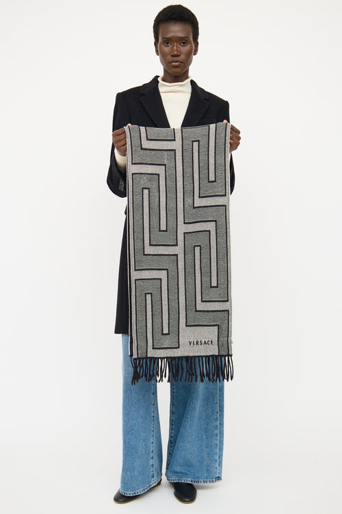 Versace Grey & Black Wool Logo Scarf