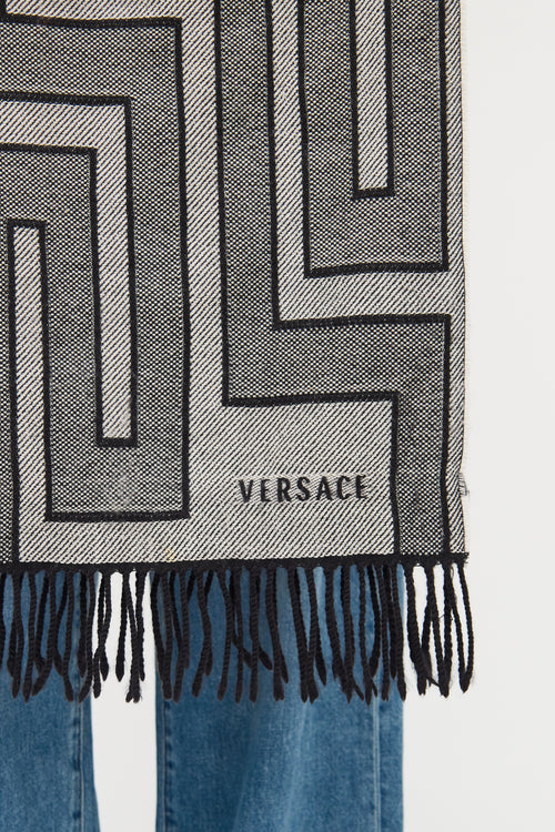 Versace Grey & Black Wool Logo Scarf