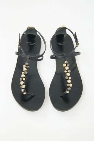 Versace Leather Embellished T-Strap Sandal