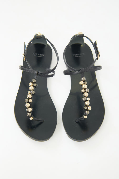 Versace Leather Embellished T-Strap Sandal