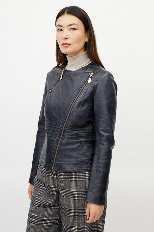Versace Navy Embossed Leather Jacket