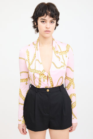 Versace Pink & Yellow Chain Print V-Neck Bodysuit