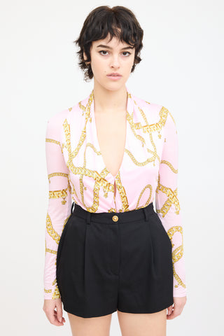 Versace Pink & Yellow Chain Print V-Neck Bodysuit