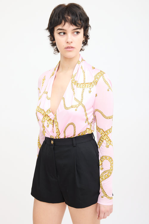 Versace Pink & Yellow Chain Print V-Neck Bodysuit