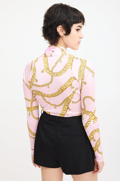 Versace Pink & Yellow Chain Print V-Neck Bodysuit