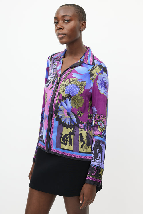 Versace Purple & Multicolour Silk Floral Shirt